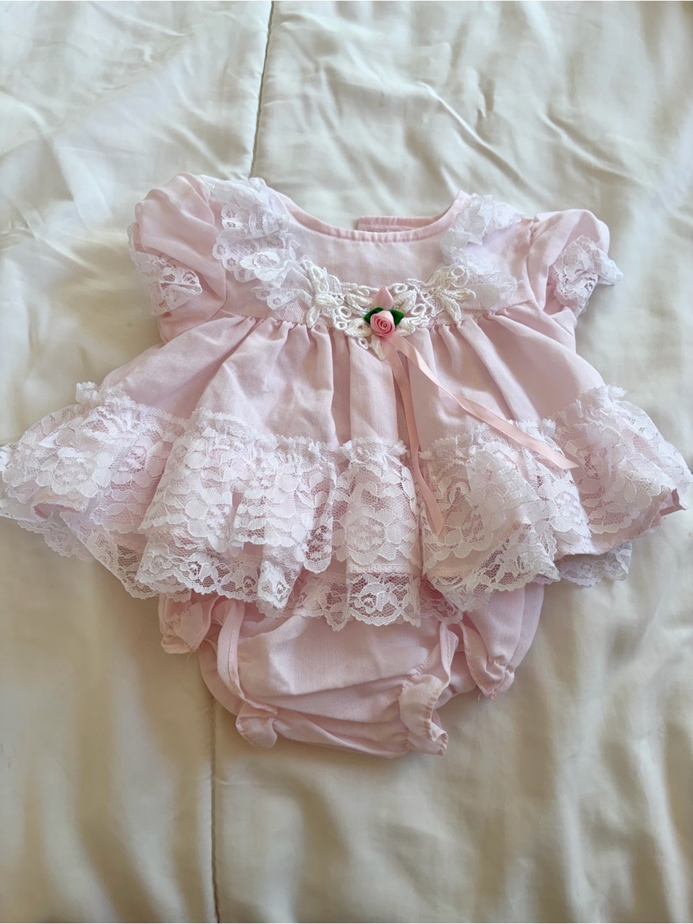 Delicate Pink Lace Baby Dress & Bloomers Set Jo Lene Vintage Size 0-6/ NB